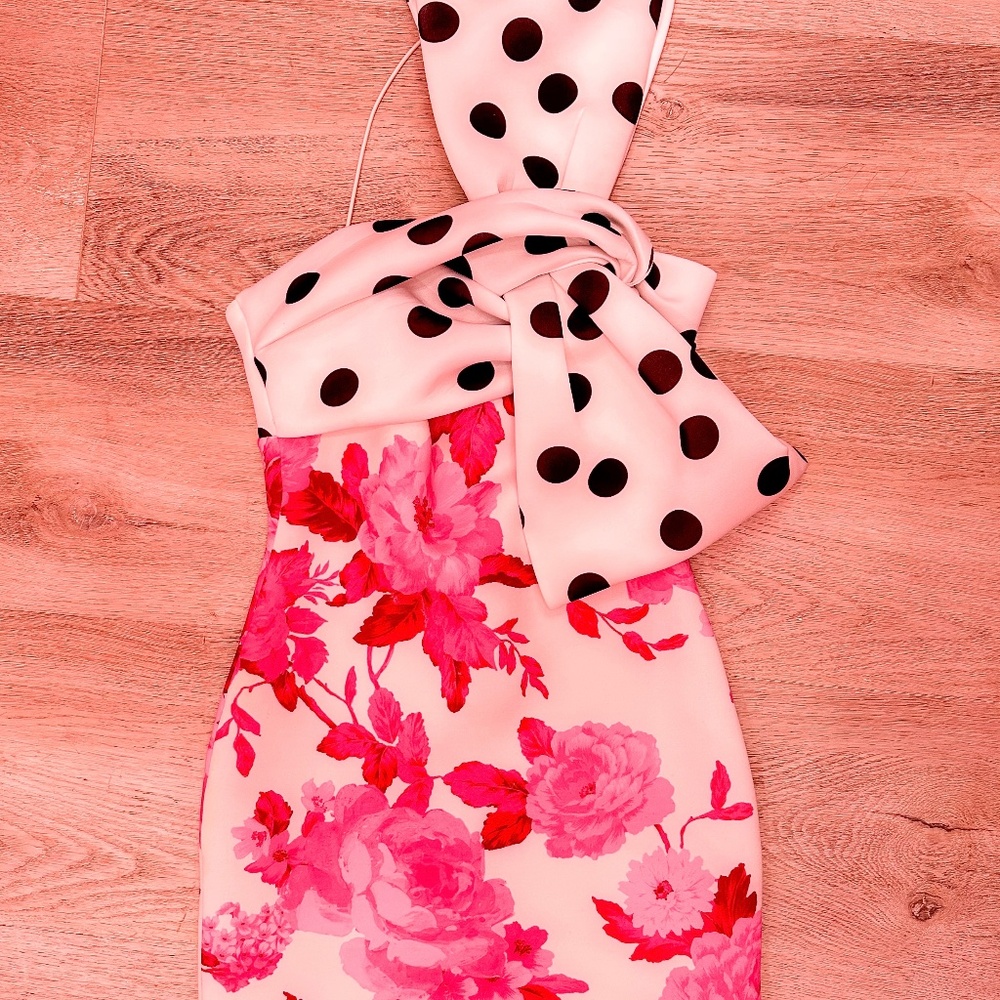 ASOS LUXE Pink Floral Polka Dot Knit Bodycon Dress Asymmetrical - UK 8 US 4